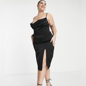 Saint Genies (ASOS) Black Satin Spaghetti Stap Midi Dress, Size 18